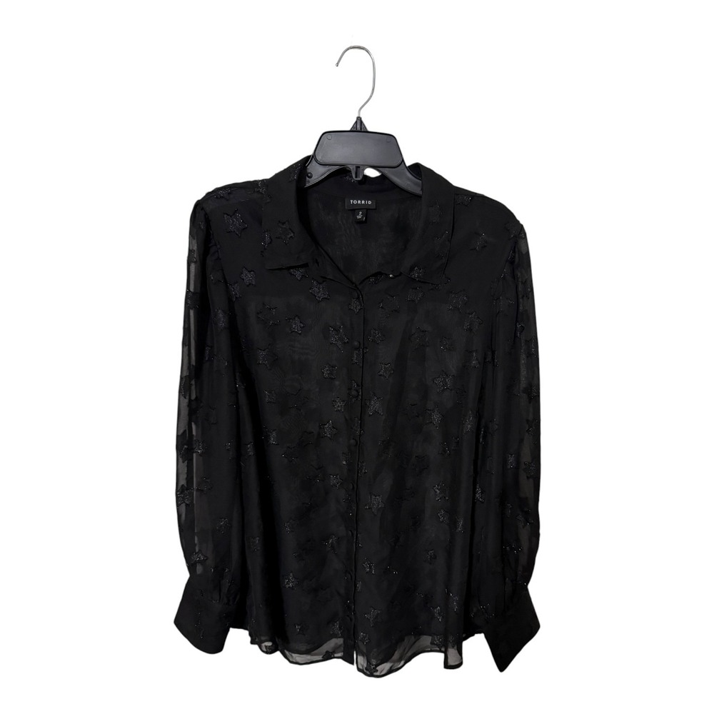 Torrid Black Sheer Shimmer Star Button Down Blouse Top Plus Size 2 2X 19554087